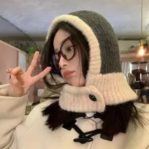 [하프클럽/]바라클라바 부클 버튼 배색 넥워머 파스텔 단추 니트