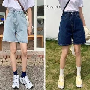 [하프클럽/]여성용 데님 와이드 하이웨스트 5부 팬츠 반바지 버뮤다 면 바지