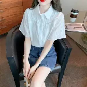 [하프클럽/]여성 반팔 카라 자수 블라우스 여름 데일리 캐주얼 프릴 셔츠