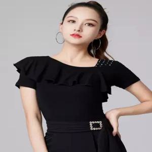 라인댄스복 무대 공연 라틴 프릴 반짝이 댄스상의 공연복 무대의상 라틴댄스복 블랙 연습복