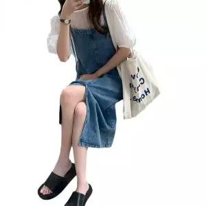 [하프클럽/]데님 롱 멜빵 스커트 여성용 여름 캐주얼 원피스