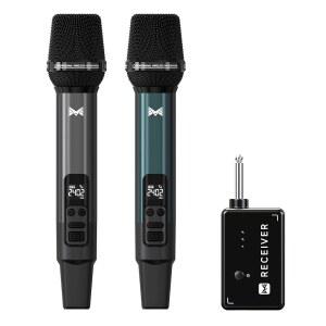 무선 마이크 일대일 연결 충전식 수신기가 있는 메탈 다이내믹 40시간 지속 시간 200FT 범위 수신 볼륨 조절 노래방 마이크로 노래하기