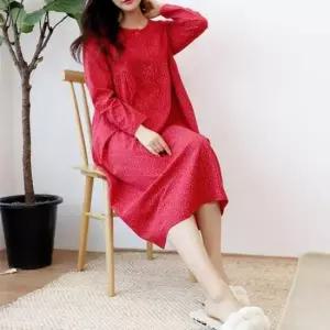 파자마 여성 잔꽃면원피스파자마 긴소매 홈웨어