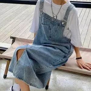 [하프클럽/]여성용 청바지 멜빵 스커트 롱 데일리 원피스