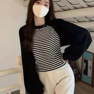 [하프클럽/]여성용 캐주얼 크롭 긴팔 줄무늬 브이넥 티셔츠 볼레로 상의 겨