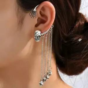 s925 본 체인 드롭 스컬 이어커프 귀걸이(왼쪽) 귀걸이