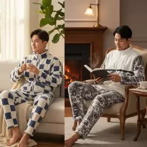 [하프클럽/]극세사 남성 수면잠옷 수면바지 상하세트 겨울 지퍼 집업 보온
