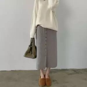 [하프클럽/]앞단추 골지 패턴 여성용 니트 롱 스커트 데일리 페미닌 스타일