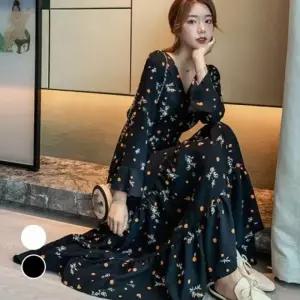 [하프클럽/]여성용 플라워 패턴 롱 드레스 데일리 원피스