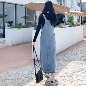 [하프클럽/]데님 멜빵 롱스커트 여성 데일리 페미닌 청바지 스타일