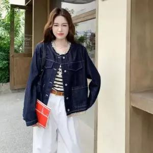 여성용 남색 청 가을 빈티지 코트 트렌디 재킷 체크 라운드 쇼트 아이템 HT3