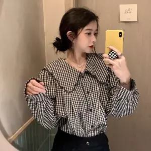 체크 패턴 루즈핏 블라우스 기모 여성 긴팔 연출 여행 호스 바지 빅카라 URD-388