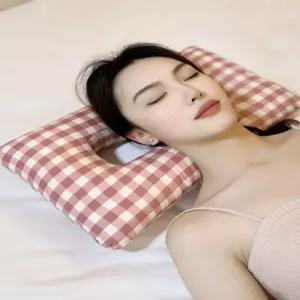 귀보호 격자 숙면 베개 옆으로 자는 귀쿠션 회색