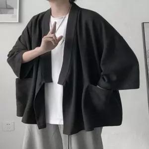 일본 남성 진베이 여름 중 7부 셔츠 검은색 가운 옷(1) 루즈핏