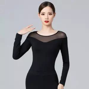 댄스스포츠복 여성용 라운드넥 표준 전문 드레스 성인 상의 긴팔 모던 라틴 슈트 트레이닝 (1)
