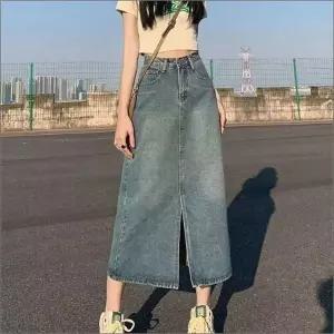 [하프클럽/]롱 밑단 데님스커트 H라인 스커트 슬릿 여자 청치마