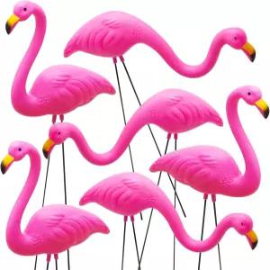JOYIN 작은 분홍색 플라밍고 야드 장식 2종 세트 보도용 금속 다리가 달린 미니 잔디 플라스틱 동상 야외