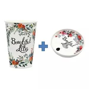 13온스 친환경 플라워 종이컵 390ml + 종이뚜껑 50개,100개,200개세트