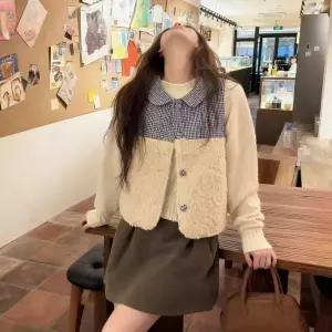 여성 레트로 체크무늬 귀여운 겨울 조끼 양모 베스트