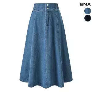 여성 데님 투버튼 A라인 플레어 롱 스커트