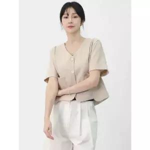 [하프클럽/엘케이트]엘케이트 여자 봄 면혼방 내추럴 노카라 숏 반팔 자켓