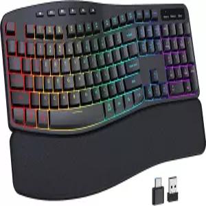 COLIKES 무선 인체공학 키보드 5 RGB 조명 효과가 있는 백라이트 무음 가죽 손목 받침대 2500mAh 충전식