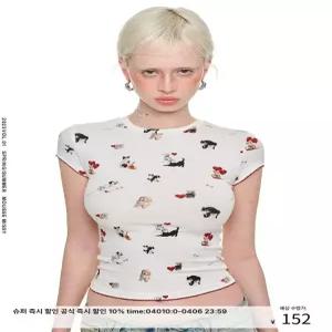 1JINN STUDIO 원진스튜디오 티셔츠 고양이 강아지 프린트 반팔 티셔츠 여성용 슬림핏