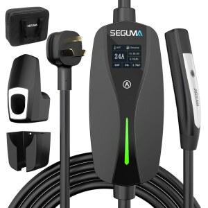 SEGUMA 10-30 레벨 2 테슬라 충전기-24A 240V, 25피트 연장 케이블, 조절 가능한 전류(10-24A)-모델 Y /X /3 /S /사이버트럭용 휴대용 가정용 전기차 충전기, 3-프롱 건조기 콘센트용 NACS 커넥터