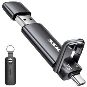 SSK 2TB SSD USB C 플래시 드라이브 최대 1000MB/s 빠른 외장 SSD 듀얼 드라이브 타입-C + USB-A 3.2세대 솔리드 스테이트 엄지 드라이브 15 / PS4 / Android Phone /Tablet /Windows /Mac SD301 Pro용 메모리 스틱