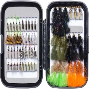송어 낚시를 위한 플라이 박스가 포함된 BASDASH 58pcs 키트에는 마른 젖은 파리 님프 스트리머가