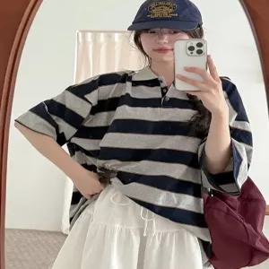 쿼칸 루즈핏 스트라이프 카라 반팔 티셔츠 87509 빅사이즈 여성의류