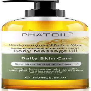PHATOIL 로즈마리 바디 오일 듀얼 팸퍼 헤어 스킨 마사지 260ml 8.8 fl.oz 천연 식물성 에센셜 혼합물 여성