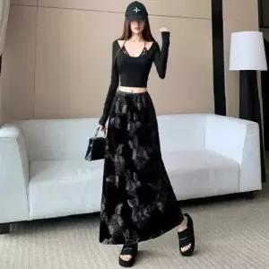 스커트 롱 빈티지 봄 여사친 벨벳 자수 일자 데일리 A라인 밴딩 허리 스포M1