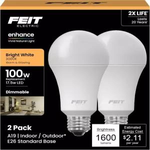 Feit Electric A19 100W 동급 LED 전구 디밍 가능 3000k 브라이트 화이트 1600루멘 22년 수명 E26 베이스