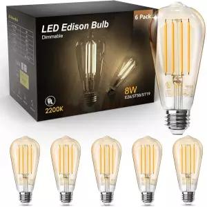 TJOY 6팩 빈티지 8W ST58 LED 에디슨 앰버 전구 60W 등가 800루멘 2200K 소프트 화이트 디밍 가능 E26