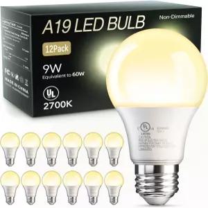 TJOY 12팩 A19 LED 전구 60와트 등가 효율적인 9W 부드러운 따뜻한 흰색 2700K E26 스탠다드 베이스 가정용