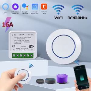 16A RF 433Mhz 무선 투야 와이파이 스마트 스위치 릴레이 리시버 미니 원형 패널 알렉사 구글 홈 앨리스 음