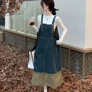 빈티지 배색 데님 멜빵 원피스 1P 캐주얼 청치마 데님원피스 봄가을데님원피스