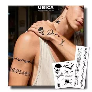 UBICA 반영구 타투, 가시철사 해골 임시 타투 2장, 현실적인 박쥐 거미 뼈 다트 할로윈 가짜 타투 스티커,