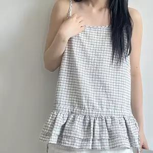 [청순여리핏] 체크 캉캉 스트랩 프릴 나시 뷔스티에 레이어드 탑 미니원피스 2color