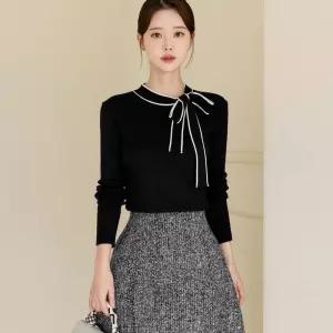 포일라 리본장식 배색 니트 봄 가을 간절기 긴팔니트 데이트룩 모임룩 미시룩 오피스룩1225940