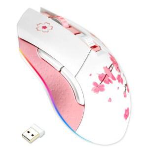 사쿠라 핑크 무선 유선 게이밍 마우스 듀얼 모드 충전식 6 프로그래머블 버튼 10K DPI RGB 및 7 조절 가능