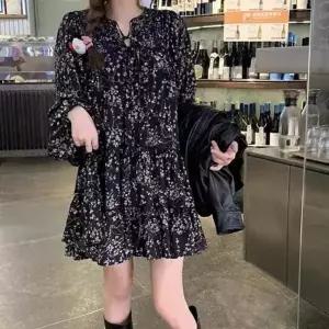 하객원피스 여성 브이넥 플라워 긴팔 미니원피스 블랙 하객룩 1P