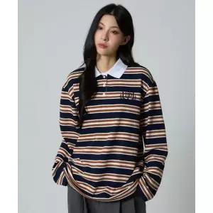 UNKNOWN PLANET 아이비 스트라이프 럭비 카라 셔츠 브라운