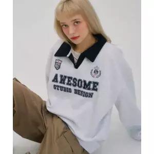 AWESOME STUDIO 유니폼 그래픽 카라 스?셔츠 화이트그레이