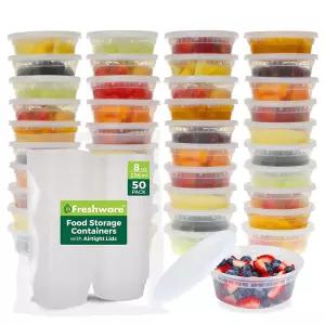 Freshware 식품 보관 용기[50개 세트] 226.8ml(8온스) 뚜껑 포함 플라스틱 델리 용기 슬라임 수프 식사 준