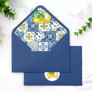 Whaline 50개 블루 타일 봉투 4.3 x 6.3 인치 지중해 레몬 초대 스티커 V-플랩 인사말 카드 홀더 봄 여름