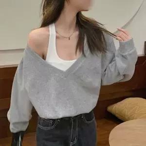 페이크 투피스 세트 크롭스타일 브이넥 티셔츠 이너 나시 세트 오버핏 오프숄더 연출