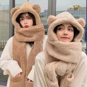 보온모자 귀곰 양털 뽀글이 장갑 일체형 후드 북극곰 방한모