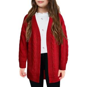 Yesfashion 여아용 오픈 프론트 가디건 스웨터 긴소매 니트 단색 소프트 교복 아웃웨어 코트 5~14세, 레드